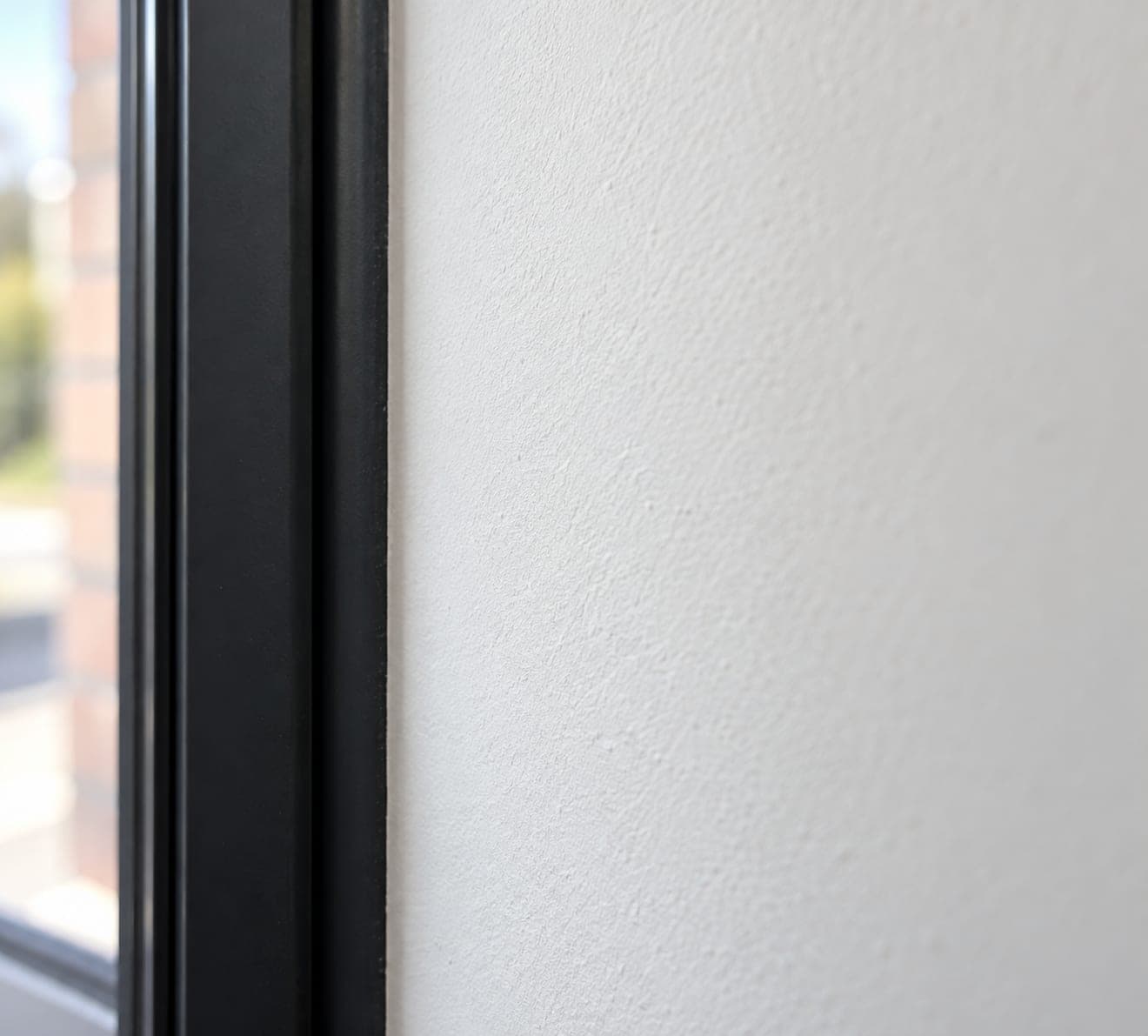 Nahaufnahme der Struktur von Fassadenputz neben einem dunklen Fensterrahmen