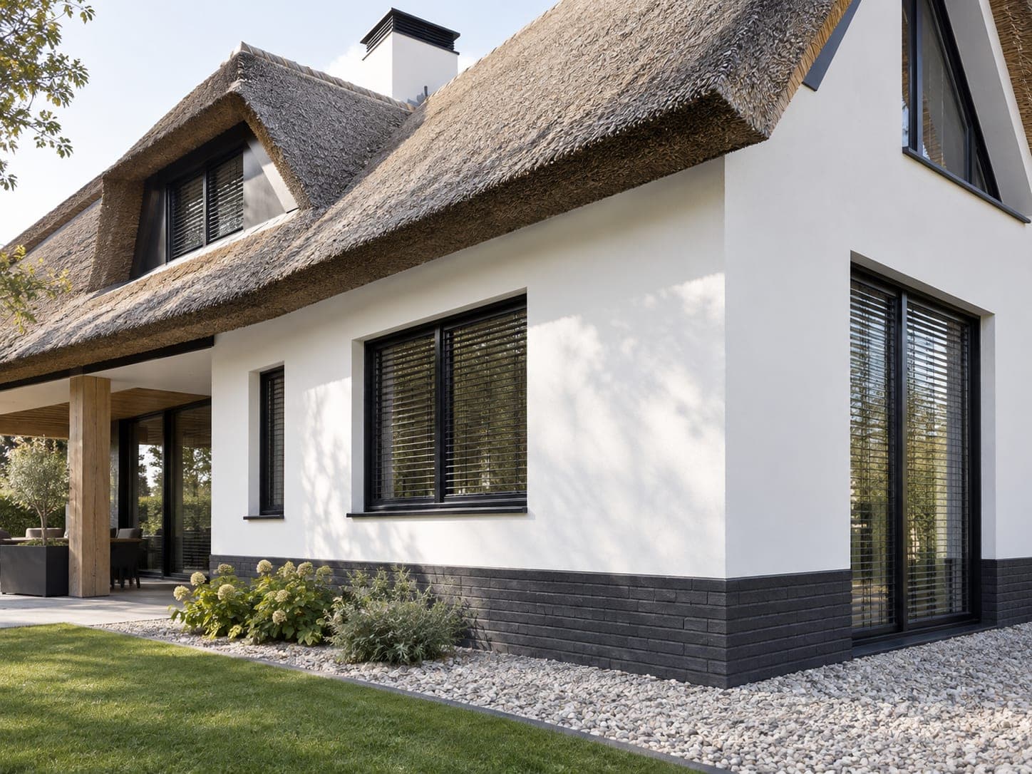 Villa mit Reetdach, weiß verputzten Fassaden, anthrazitfarbenem Sockel und Holzüberdachung