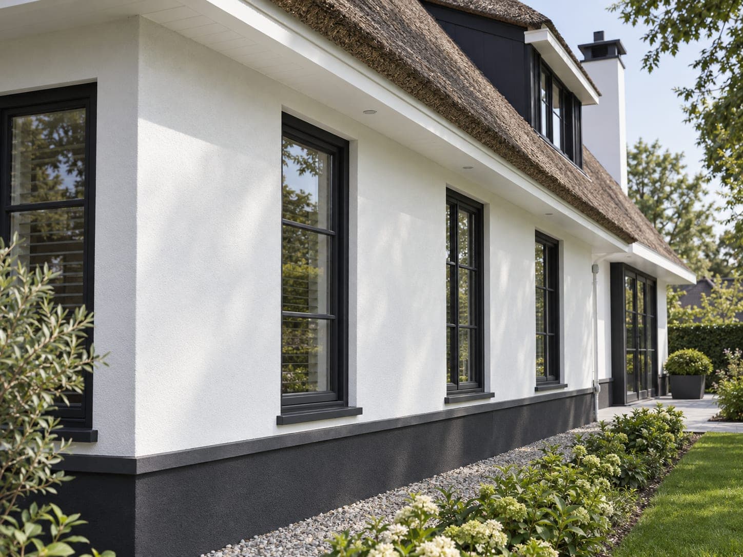 Weiß verputzte Seitenfassade einer Villa mit Reetdach und anthrazitfarbenen Fensterrahmen
