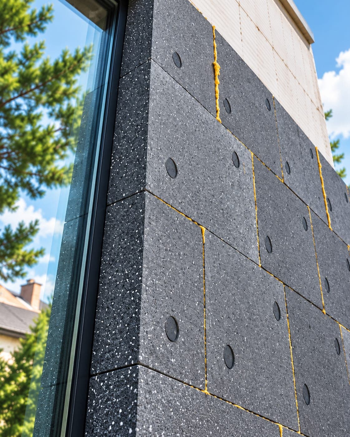 Grey EPS insulation boards with fixings on a facade, beside a dark window frame