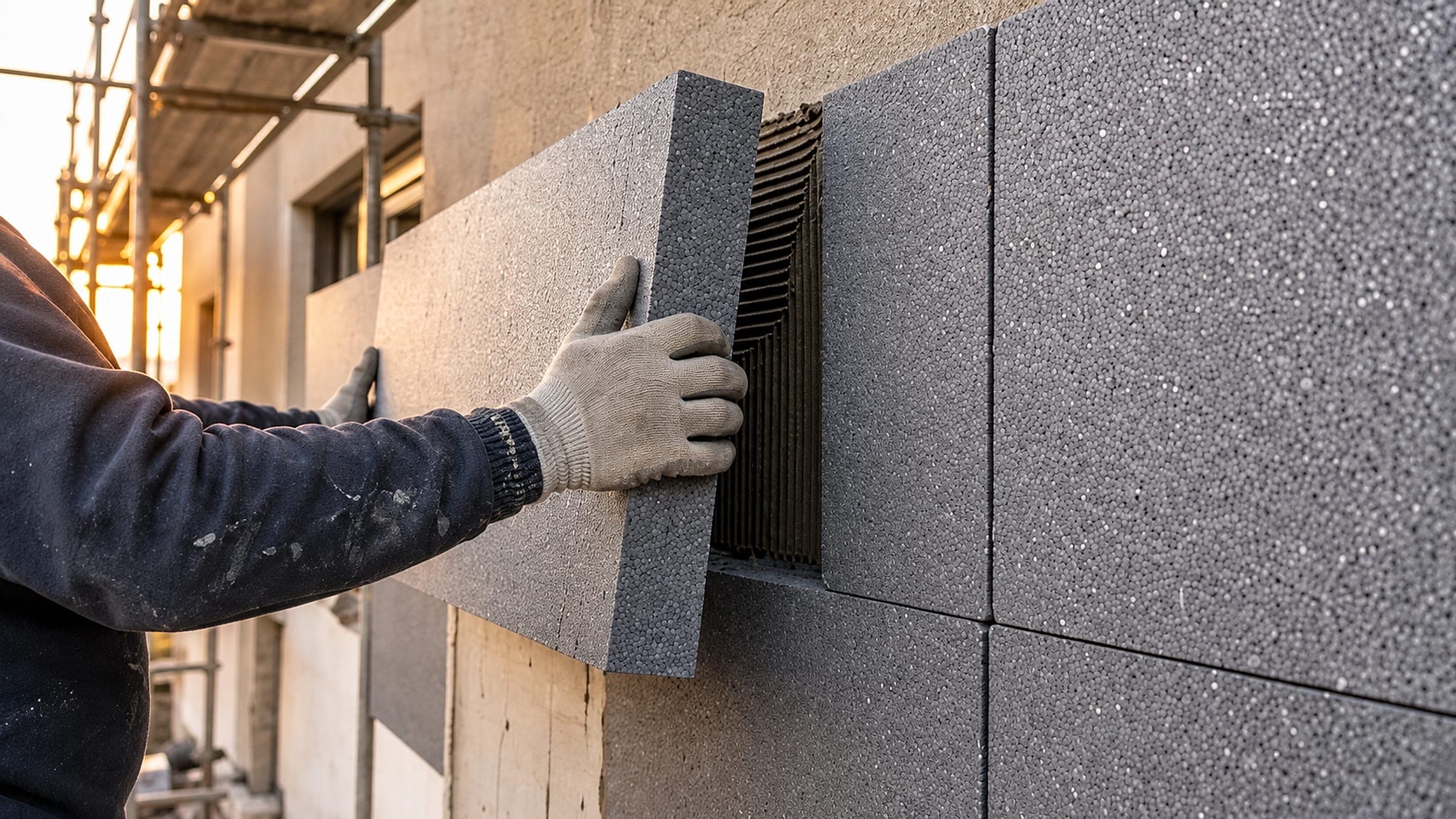 Installer applies adhesive with a notched trowel to an insulation board against the facade
