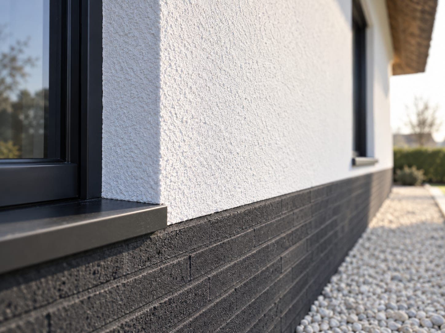 Corner of a white rendered facade with grain texture above an anthracite plinth and a gravel strip