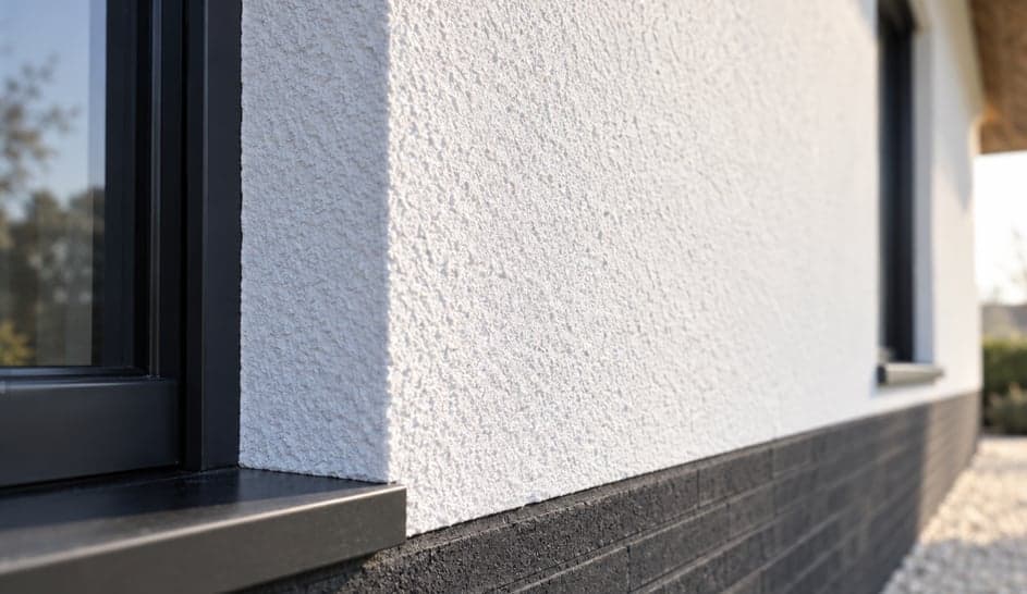 Close-up of a white facade with fine grain texture beside an anthracite window frame and dark plinth