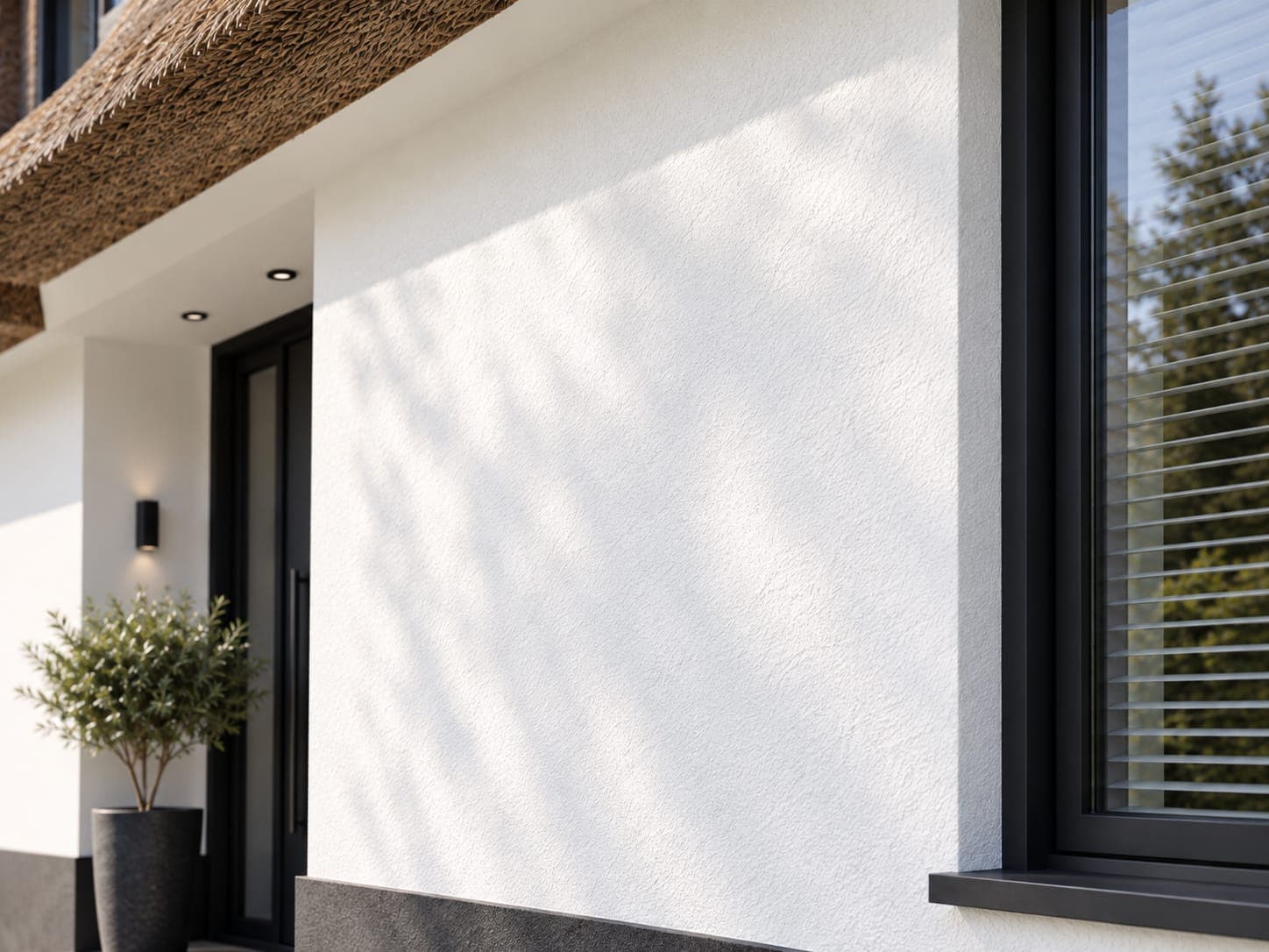 Smoothly rendered white facade in raking light beside an anthracite window frame