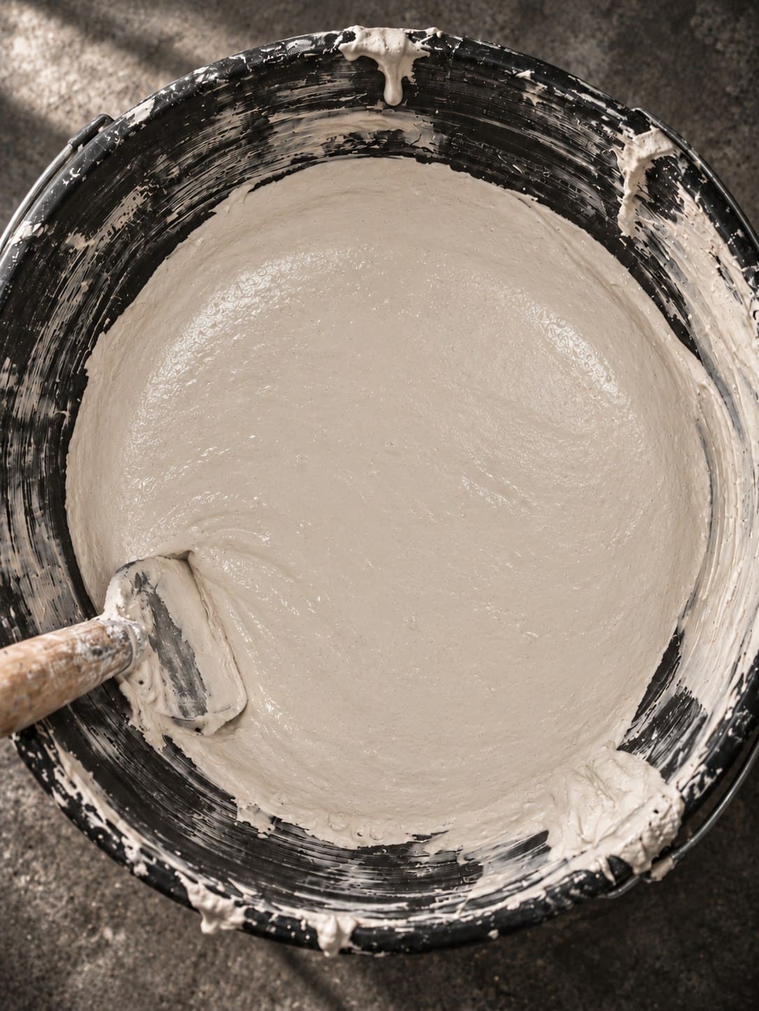 Top-down view of a bucket of mixed plaster with a trowel
