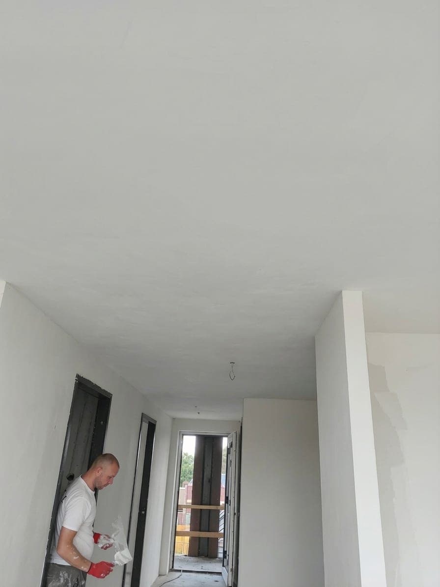 Verputzer bei der Arbeit im Flur, Decke und Wände noch in Bearbeitung