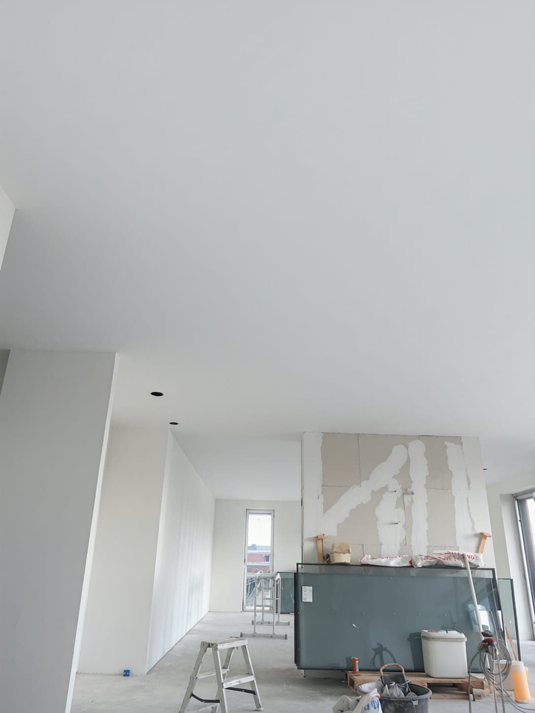 Flat plastered ceiling in a new-build home, with recessed spotlights