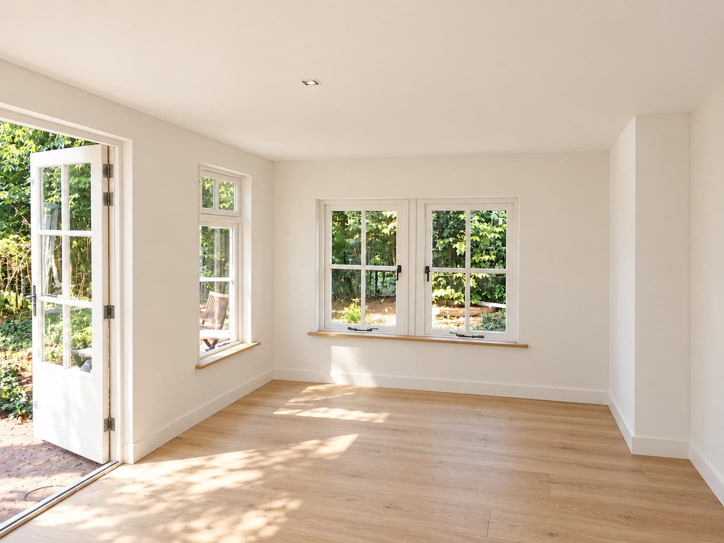 Garden room with smoothly plastered and painted walls
