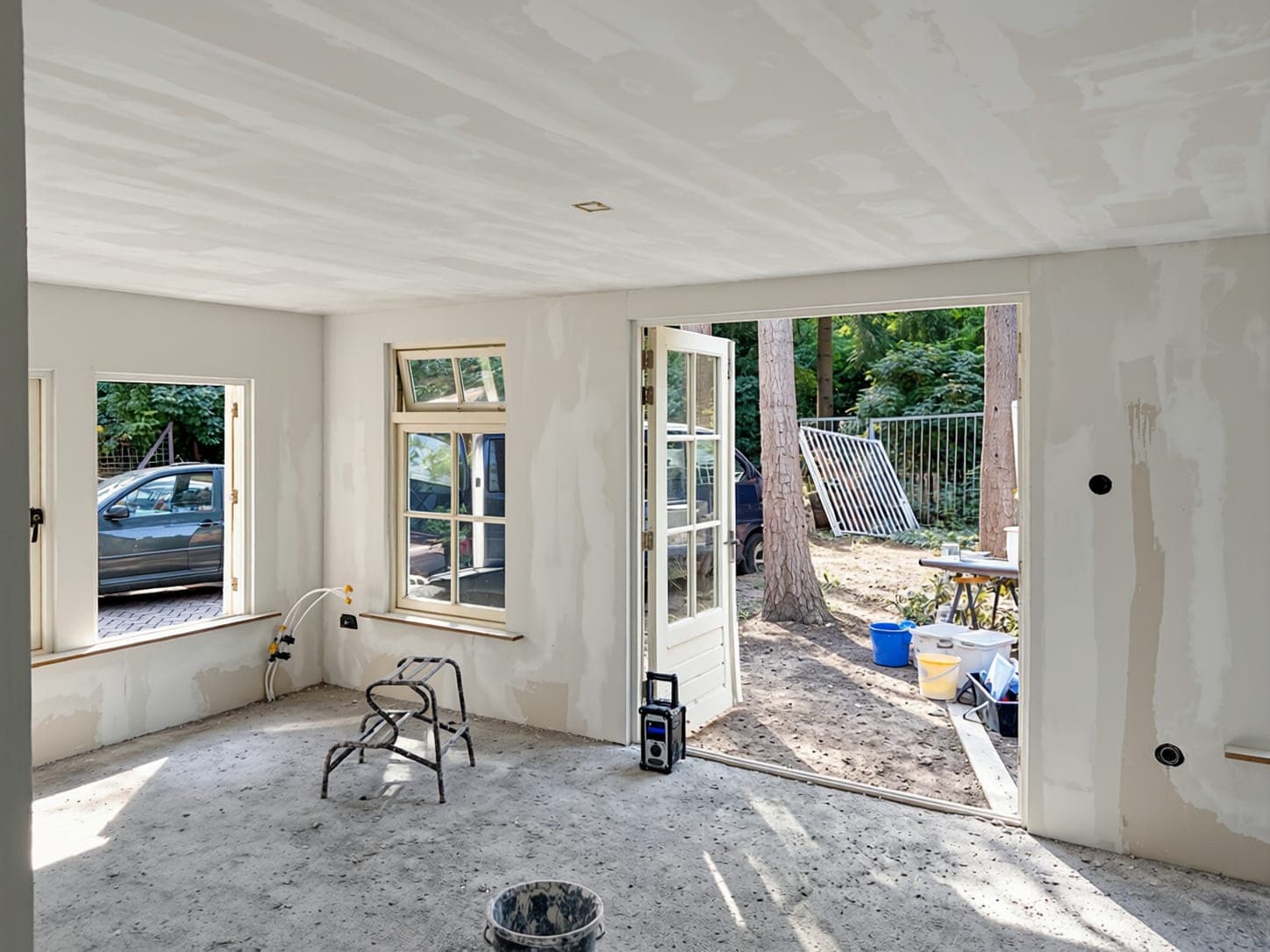 Tuinkamer met bewerkt plafond en openstaande tuindeuren