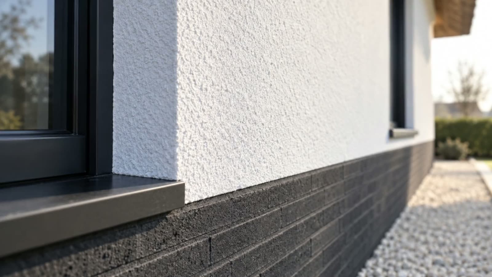 Weißer Fassadenputz mit Kornstruktur neben einem dunklen Fensterrahmen, über einem anthrazitfarbenen Sockel und einem Kiesstreifen
